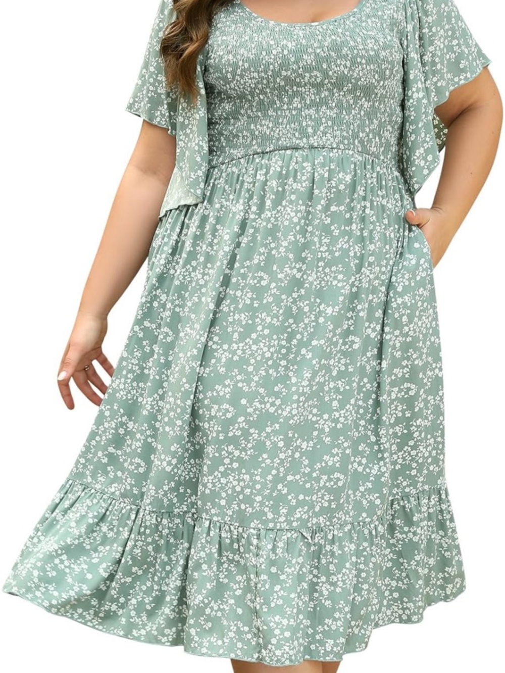 Smocked Sage Green Floral Midi Dress with Flutter Sleeves - Women